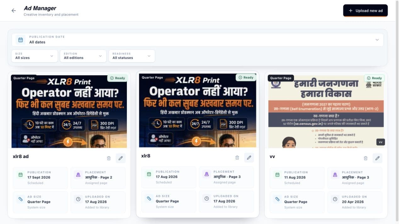 XLR8 Print Ad Manager showing creative inventory and placement status