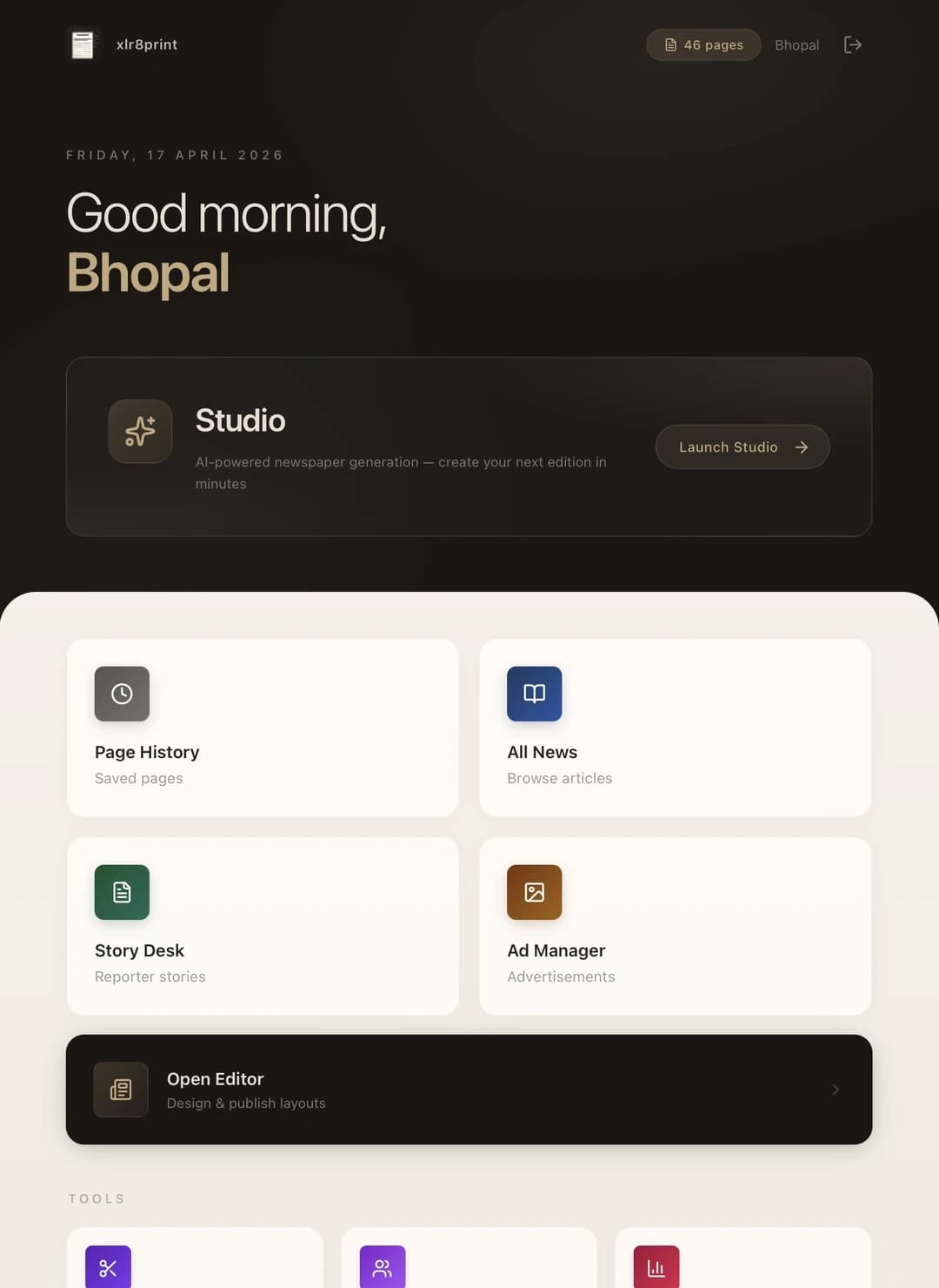 XLR8 Print dashboard welcoming a Hindi publisher with Studio and tool tiles